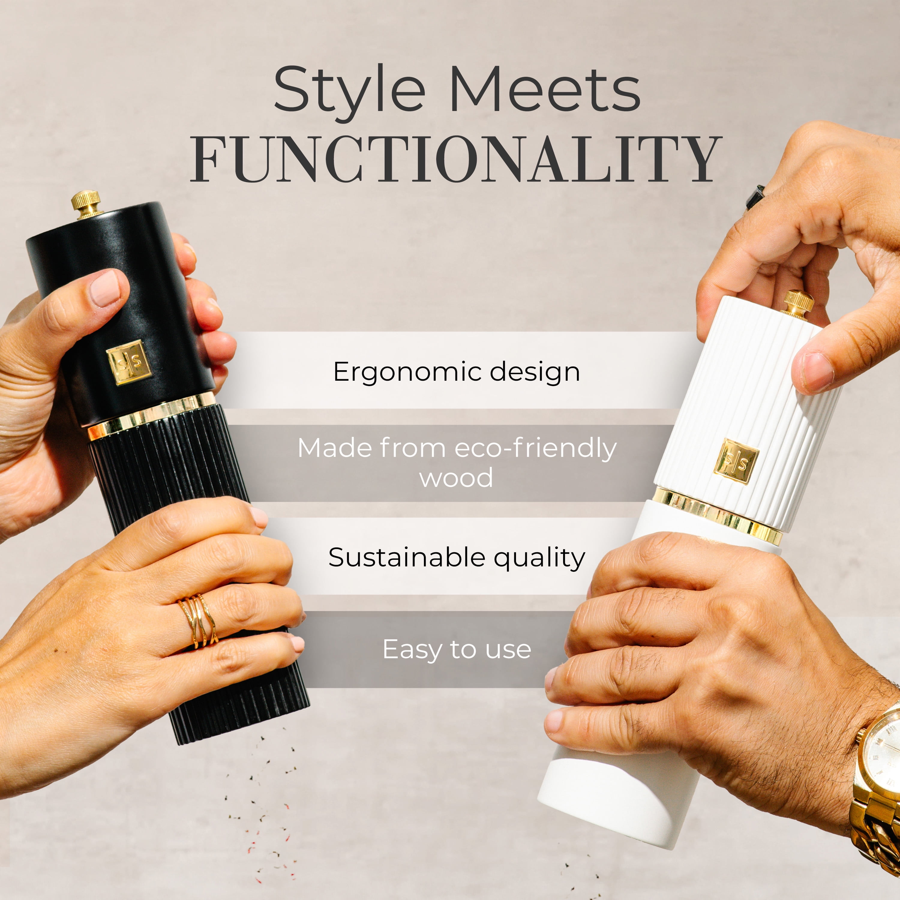 Styled Settings White and Black Salt and Pepper Grinder Set with Gold Accents – Manual Wooden Mills with Adjustable Ceramic Grinders and Stand – Set of two