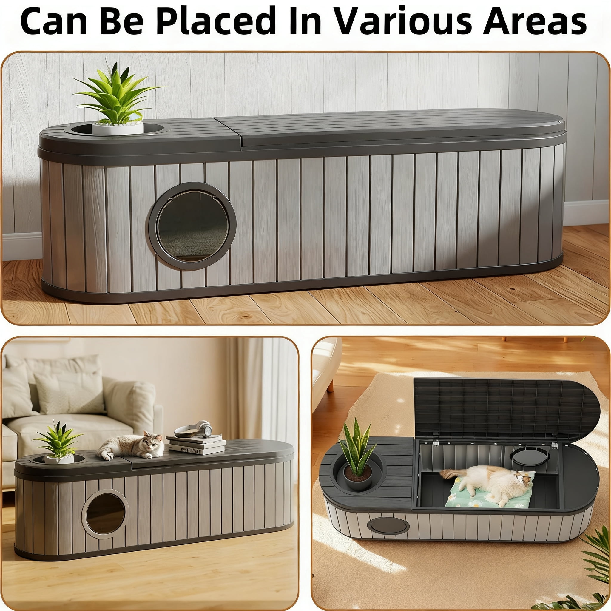 Decksplore Cat Litter Box Furniture (63.1"x17.8"x17.1"), HDPE Cat Cabinet with Odor Control Vented, Hidden Cat Litter Furniture for Bedroom (Gray)
