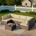 thumbnail image 5 of 7 Pcs High Back Outdoor PE Wicker Sectional Sofa Set, Patio Rattan Furniture with Soft Cushion & Glass Side Table for Backyard Garden Balcony, Beige, 5 of 6