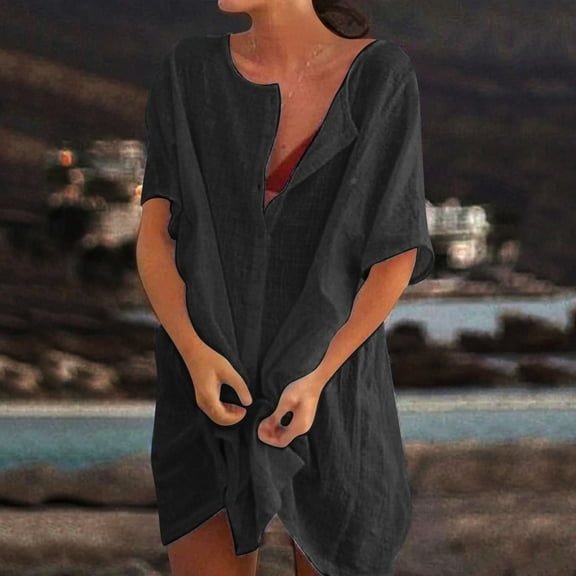Women's Shirt Dress V Neck Short Sleeve Solid Color Loose Mid Length Casual Beach Cover Up Dress