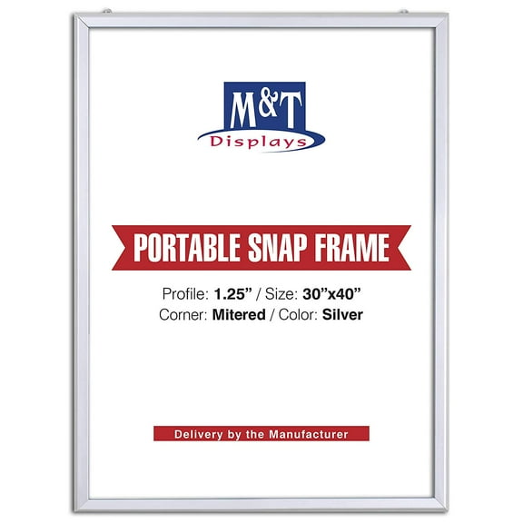 M&T Displays Portable Snap Frame, Poster Size, 1.25" with White Backing and Anti-Glare Pet Cover (30x40, Silver)