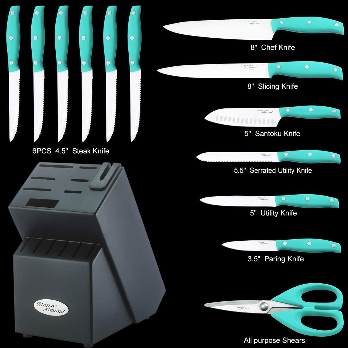 Knife Set with Block, Marco Almond Kya31 14-Piece German Stainless Steel Kitchen Knives Block Set with Built-in Sharpener, Black, Size: 15.5