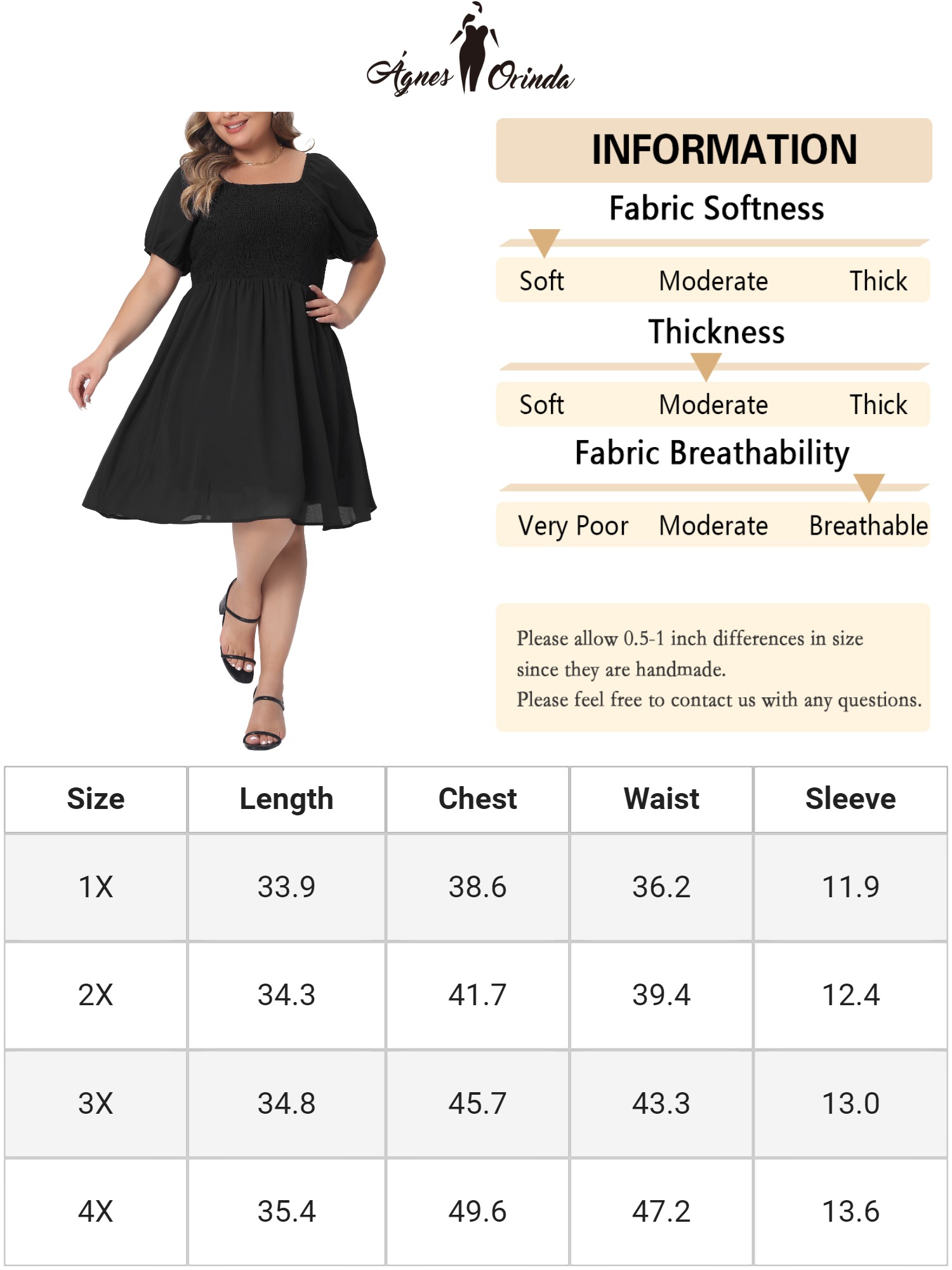 DARING DIVA Women's Plus Dress Smocked Square Neck Stretchy Midi Dress 3XL Black