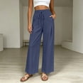thumbnail image 5 of Linen Wide Leg Pants for Women Elastic Waist Solid Color Palazzo Pants Casual Summer Drawstring Long Pants with Pockets Flowy Beach Vacation Clothes, 5 of 8