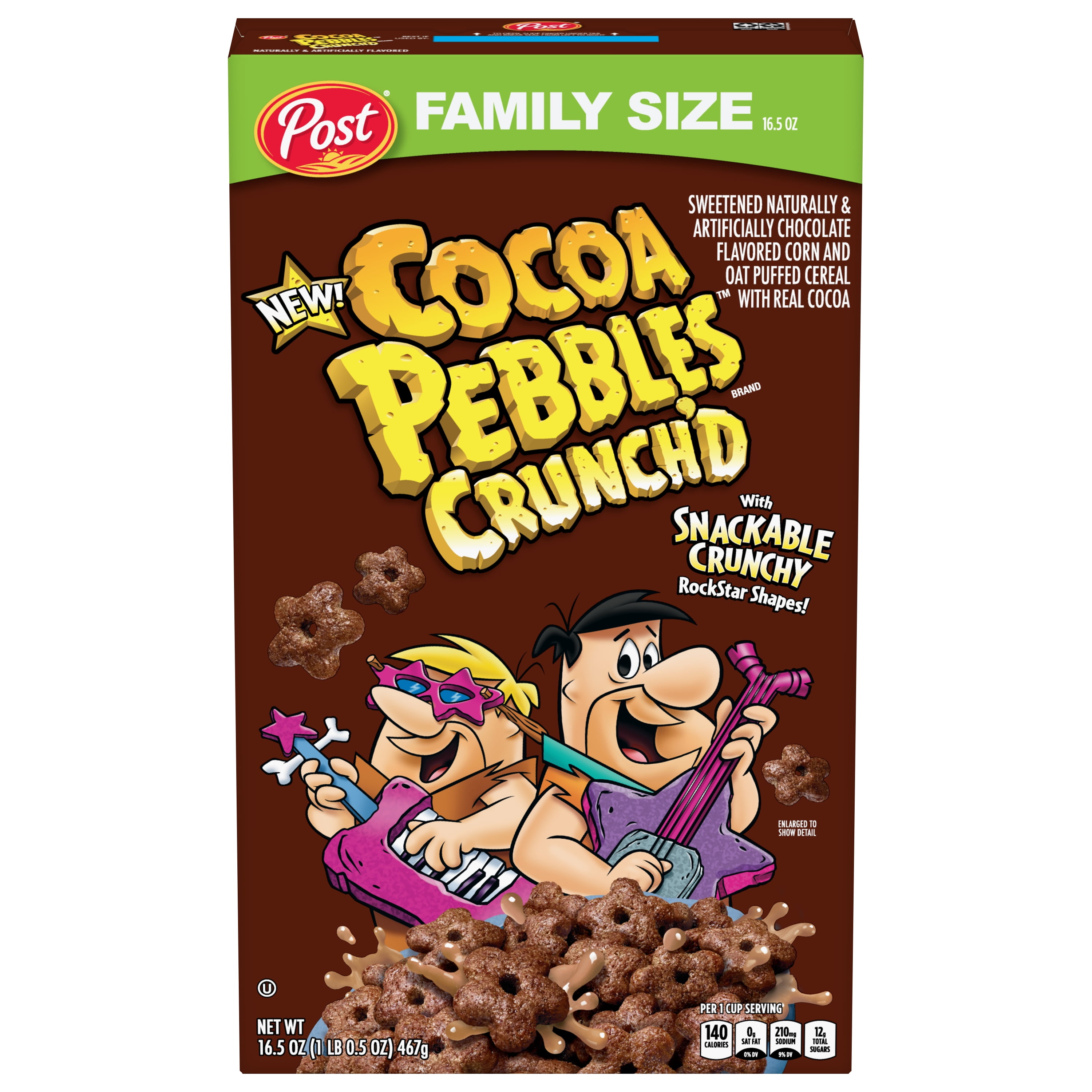 Post Cocoa PEBBLES Crunch'D Breakfast Cereal, Chocolatey Family Size Cereal, 16.5 OZ Box
