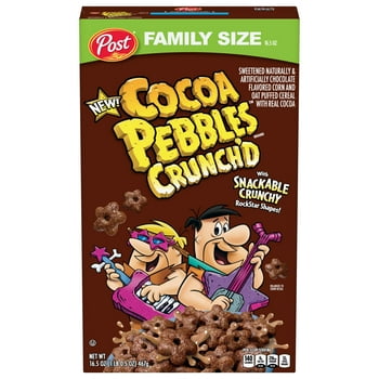 Post Cocoa PEBBLES Crunch'D Breakfast Cereal, Chocolatey Family Size Cereal, 16.5 OZ Box