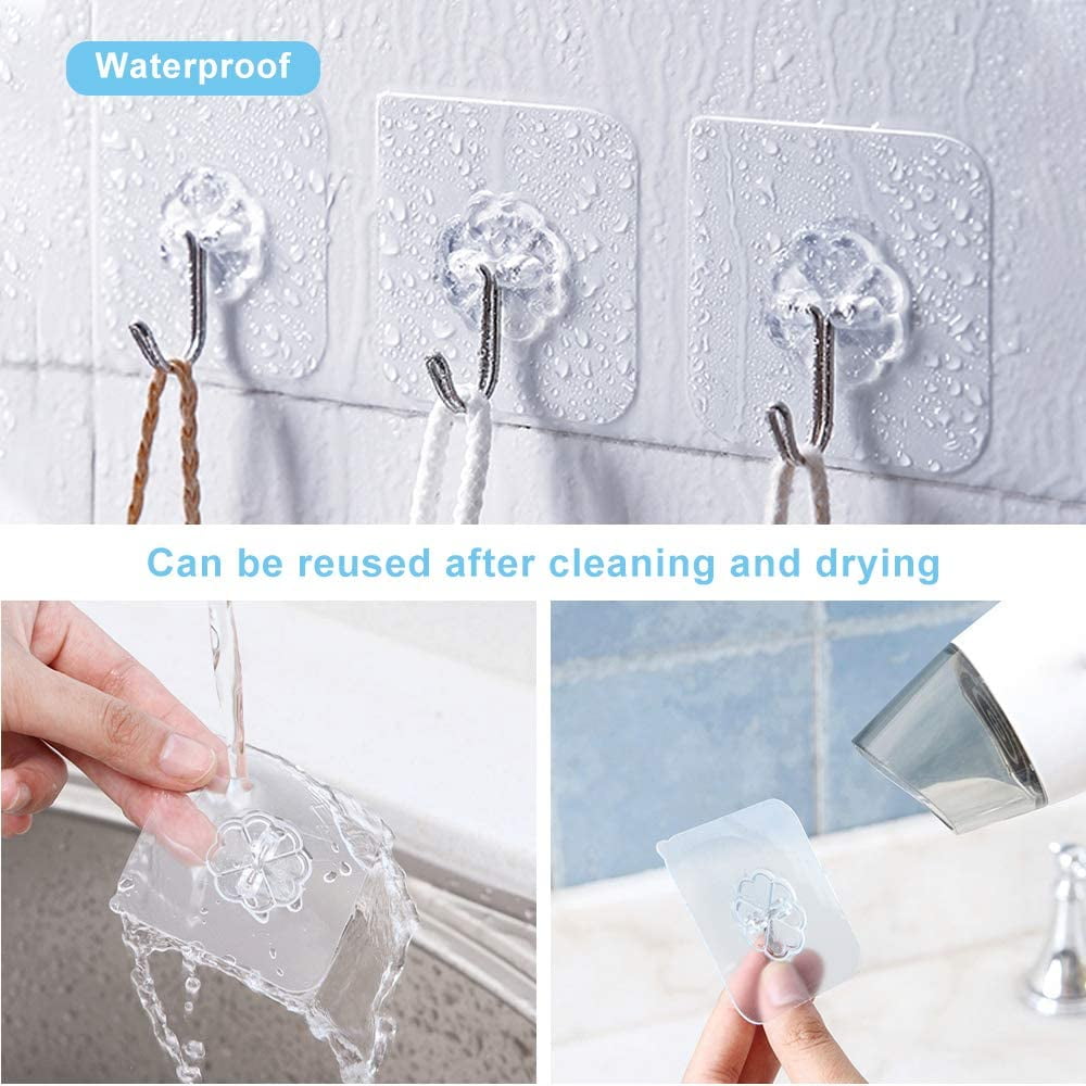 Homstan Large Adhesive Hooks 44Ib(Max), Wall Hooks Self-Adhesive Traceless  Clear and Removable, Waterproof and Rustproof Hooks for Hanging for Home