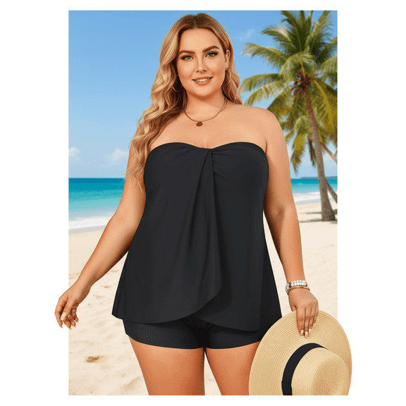 Women's Plus Size Black Bandeau Tankini Set with Boy Shorts, Twist Front Tummy Control for Pool and Beach