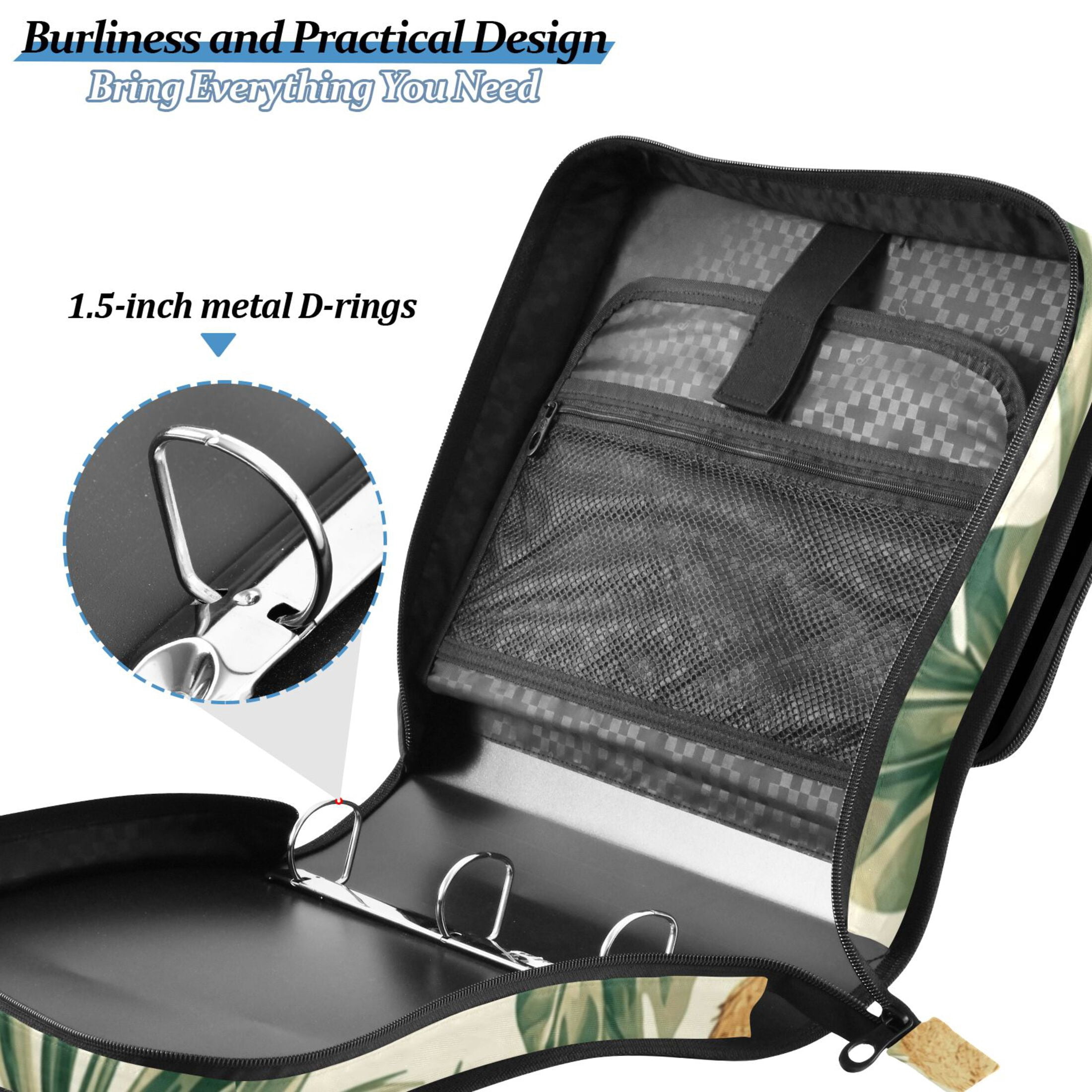 3 Ring Zipper Binder with Shoulder Strap Waterproof Trapper Keeper 2 Inch D-Ring 500 Sheets Capacity Cockatoos Coconuts Leaf