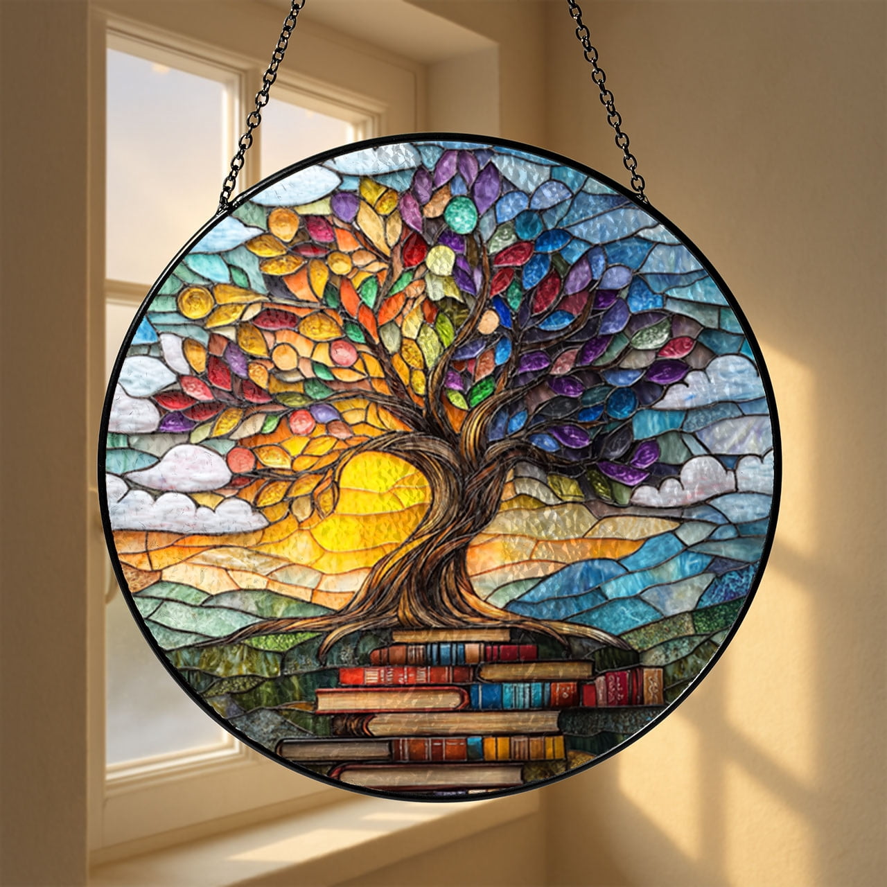 Books and Sunburst Tree Window Panel, Faux Stained Glass Art for Reading Corners and Home Decoration