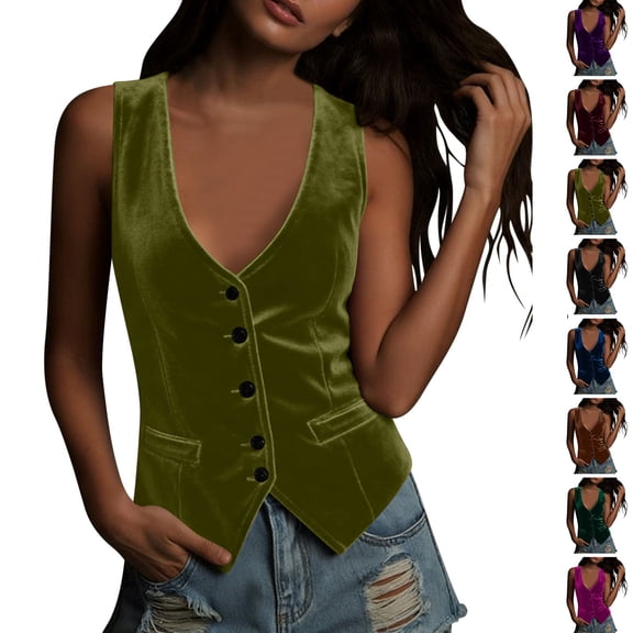 Inverlee Velvet Vests for Women Sleeveless Button Front Slim Fit Casual Tees Party Daily Elegant Tank Tops Black M