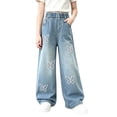 thumbnail image 2 of Twczz Girls Wide Leg Jeans Elastic Waist Butterfly Embroidered Loose Cute Denim Pants with Pockets Blue 12, 2 of 7