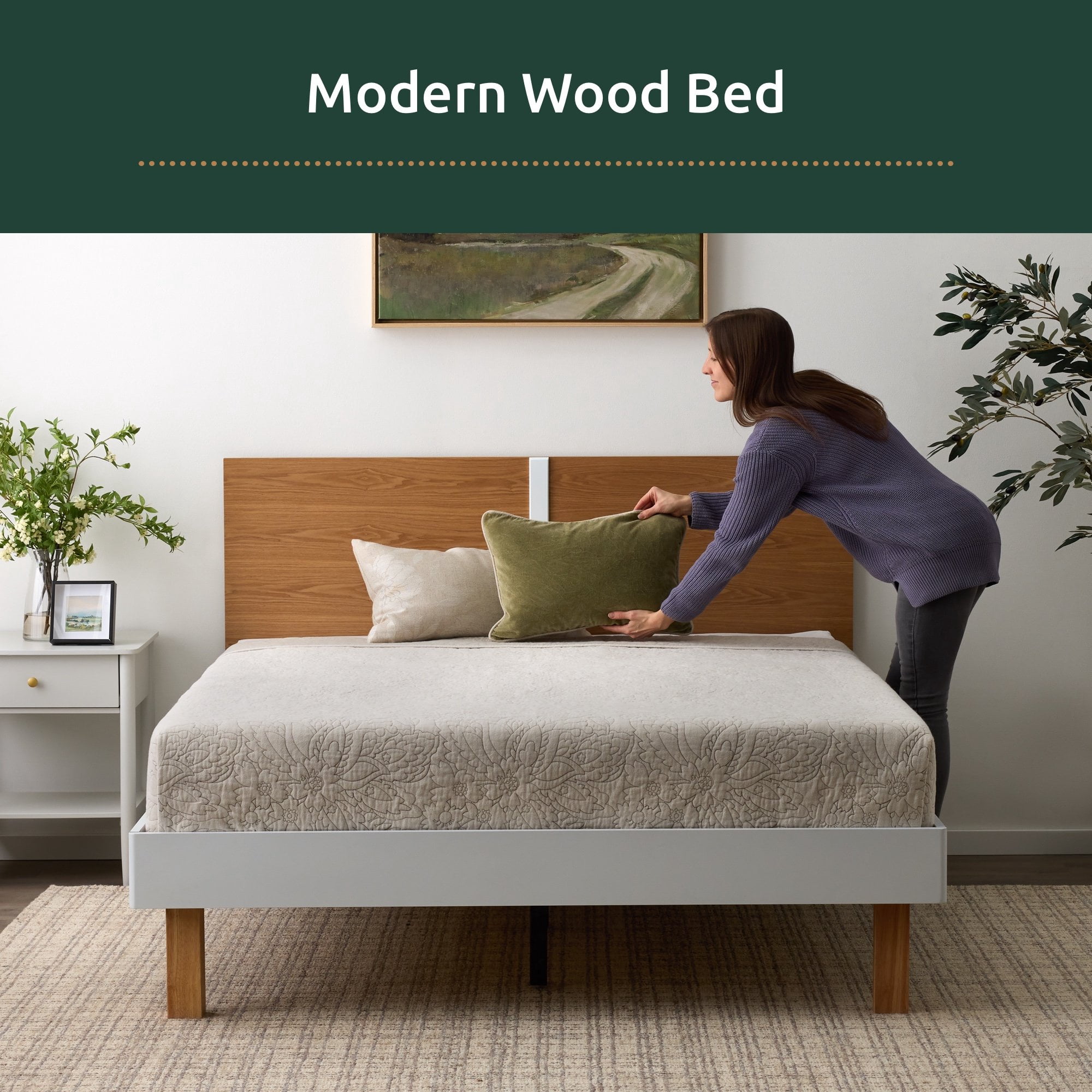 Rest Haven Modern Wood Platform Bed, Twin, Natural & White