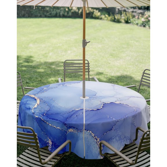 Outdoor Tablecloth with Umbrella Hole, Abstract Blue Gradient Fluid Art Zippered Table Cloth for Square Tables, Modern Marble Texture Washable Waterproof Tablecloths for Picnic Patio Garden