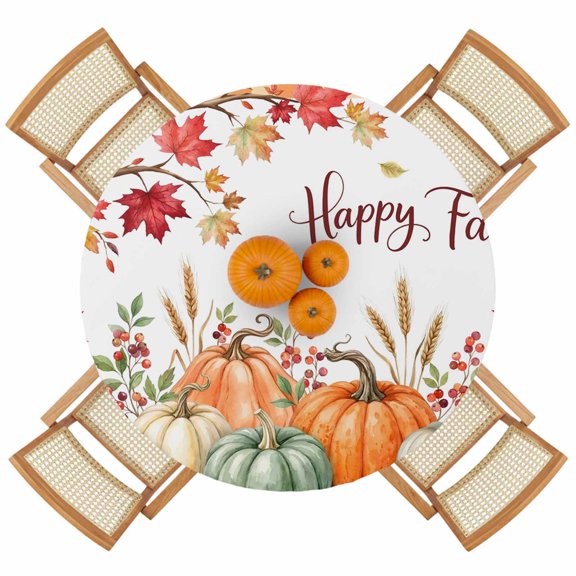 Happy Fall Thanksgiving Pumpkin Round Fitted Tablecloth with Elastic Edge,Waterproof Table Cloth Fits 36"-44" Tables,Wipeable Table Cover for Indoor Outdoor Dinning Party,Maple Leaves Orange Plaid