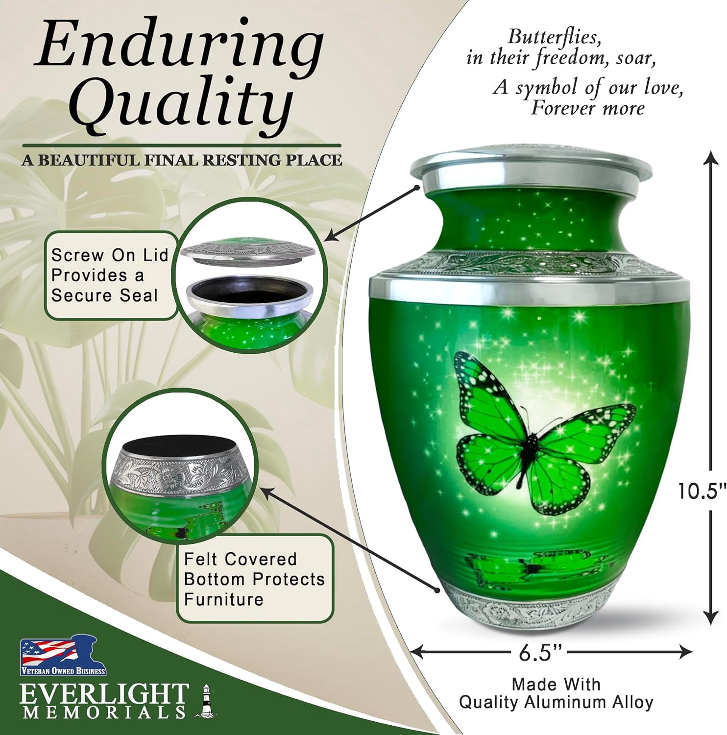Everlight Memorials Green Butterfly Adult Large Cremation Urn for Human Ashes – With Velvet Bag