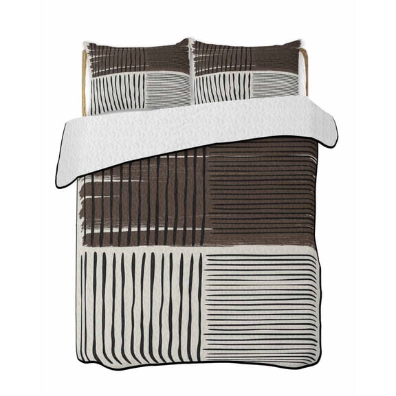 Quilts Queen Size Bedding Set, Black Striped Reversible Summer Quilt 3 Pieces, Farmhouse Stripes Modern Abstract Art Lightweight Bedspreads Coverlets with 2 Pillow Shams for All Seasons