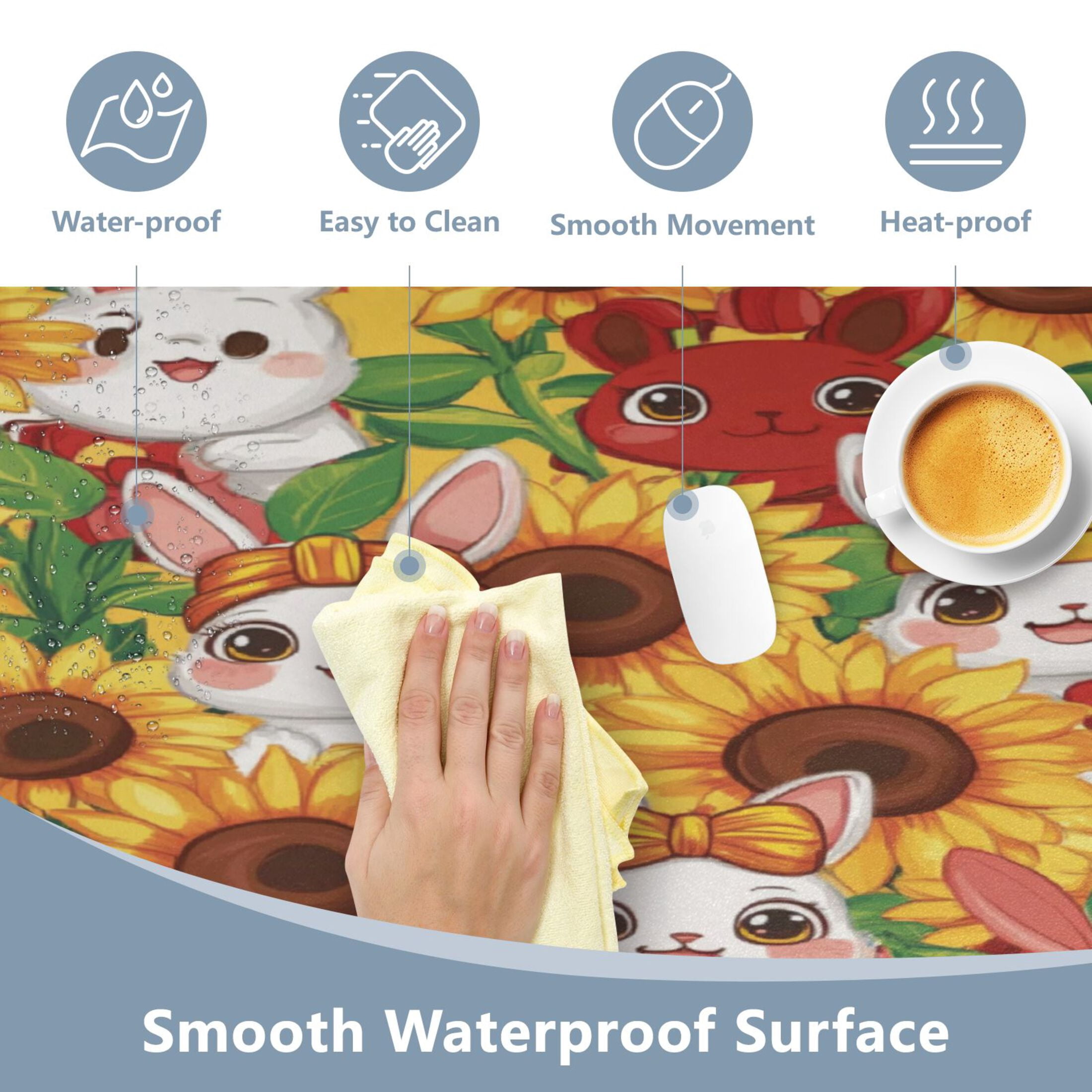 Leather Keyboard and Mouse Desk Mat Office Desk Accessories Protective Office Desk Decor Desk Pad Mat for Gaming, Work from Home, Office Bunnies and Sunflowers 16.5" x 35.4"