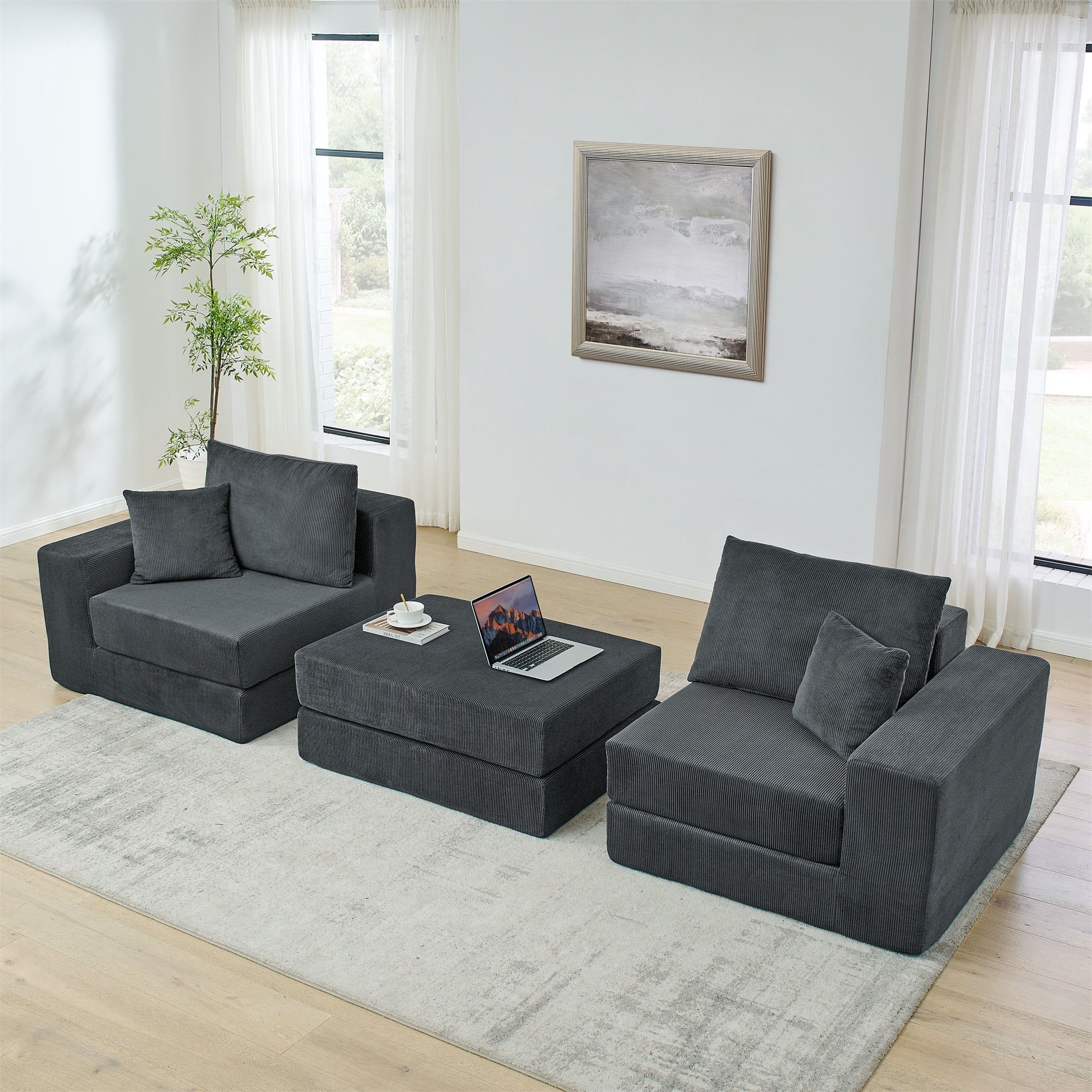 Miniyam Corduroy Modular Sofa, Cloud Couch Deep Seat Sectional with Pillows and Ottoman, No Assembly Required, Living Room Furniture, Grey