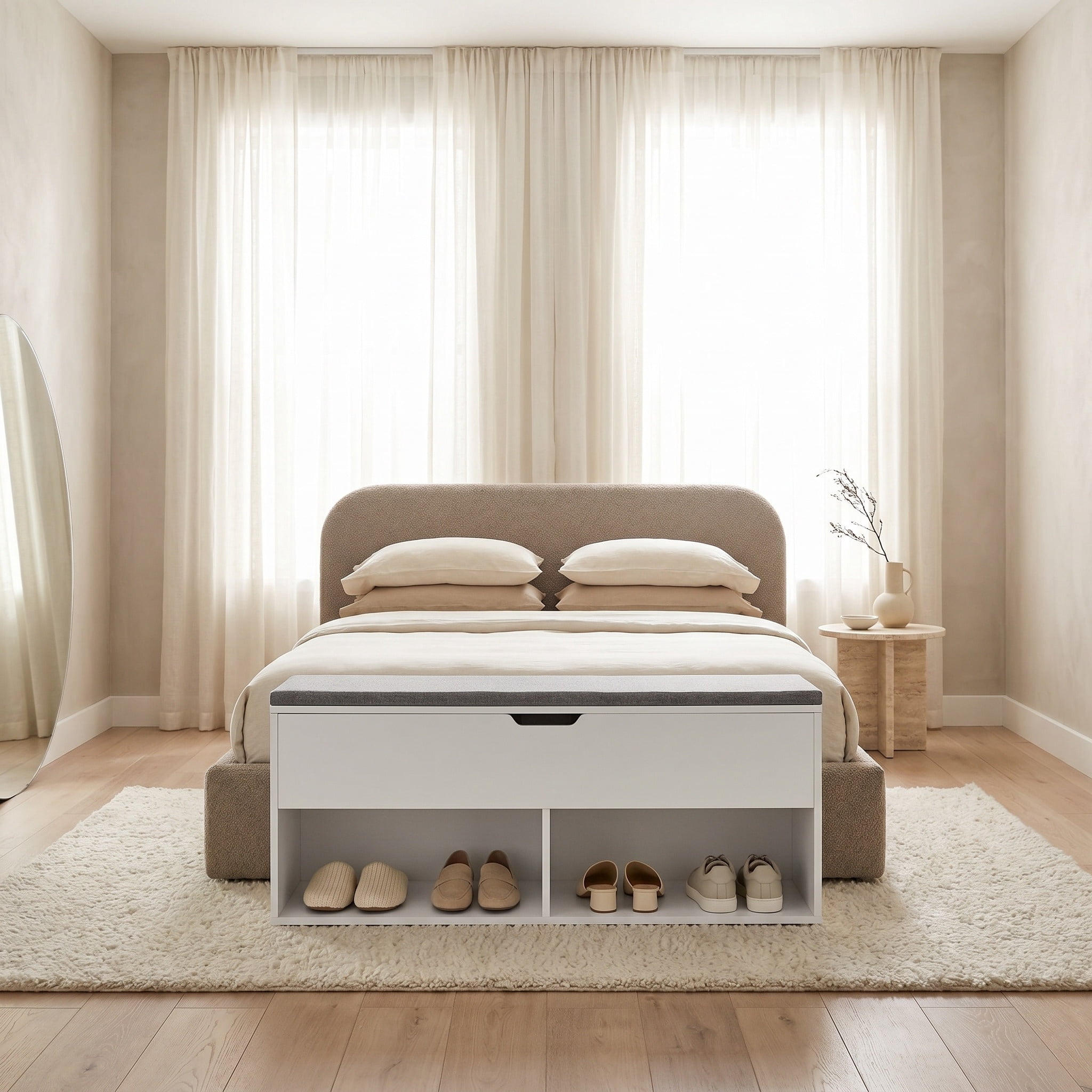 Nordic Hygge White Shoe Storage Bench with Gray Padded Seat and Hidden Compartment