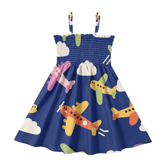 Airplane Dark Pattern Girls' Casual Dresses 2Y-8Y Sleeveless Ruffle Neck for Summer Daily Wear