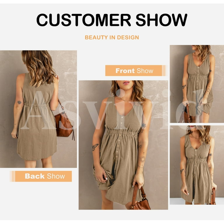 Asvivid Women s Sleeveless T Shirt Dresses V Neck Button Down Short Dress Summer Elastic Waist Swing Tank Dress Walmart