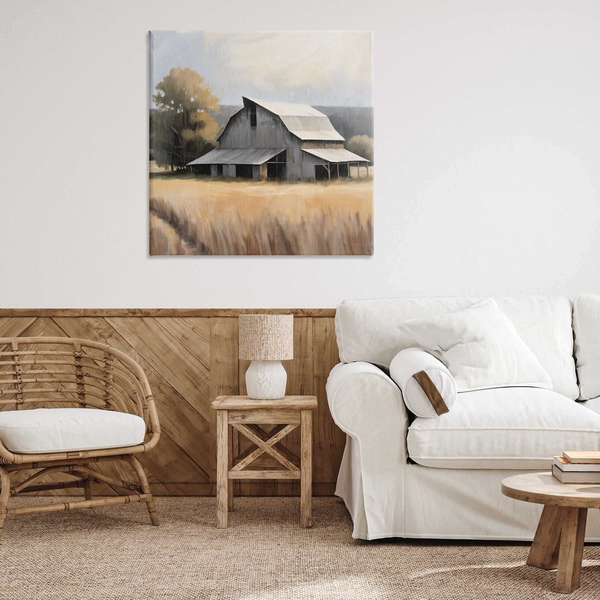 Stupell Industries Peaceful Barn in Field Landscape Painting Gallery Wrapped Canvas Art Print Wall Art, 36 x 36
