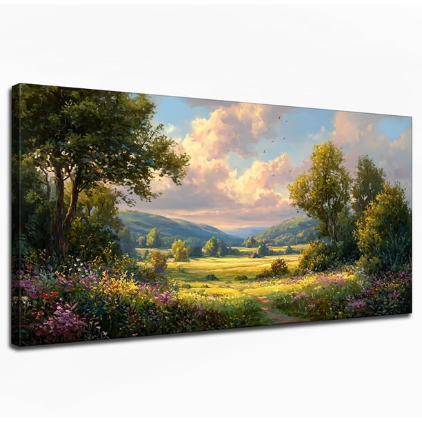 Pintura paisajística artesanal con texturas y luz dorada del sol, ideal para decorar salas de estar, dormitorios, baños y oficinas domésticas con un ambiente natural sereno.