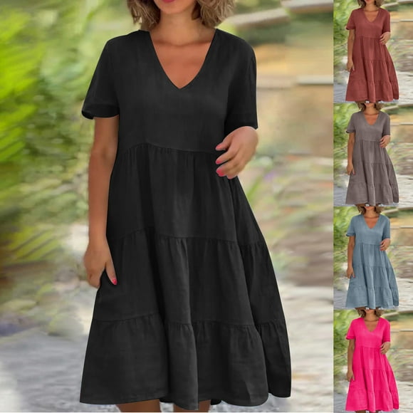 Sentmoon Woman Dress V Neck Regular Fit Breathable Women's Sundresses with Print Short Sleeve Summer 2026 Business Casual Dress Streetwear for Date Night and Dinner XXXXXL