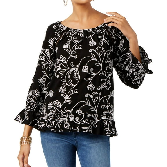I.N.C Womens Floral Knit Blouse, Black, X-Small