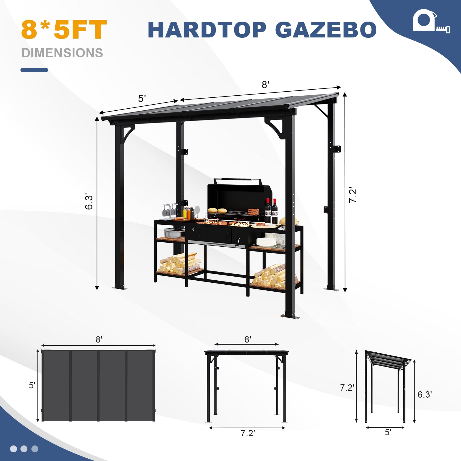 MEISSALIVVE 5' x 8' Hardtop Wall Mounted Gazebo Pergola, Lean-to Metal Awning with Sloped Roof, Outdoor Shelter for Patio, Deck, Backyard, Black