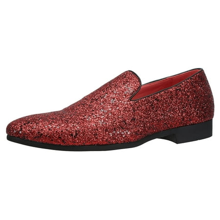 Santimon Leather Paillette Loafers Business Dress Shoes Glitter Slip-on Casual Shoes Red 9 US