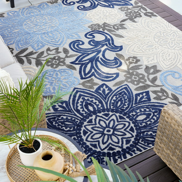 5x7 Water Resistant, Indoor Outdoor Rugs for Patios, Front Door Entry,  Entryway, Deck, Porch, Balcony | Outside Area Rug for Patio | Blue, Floral  