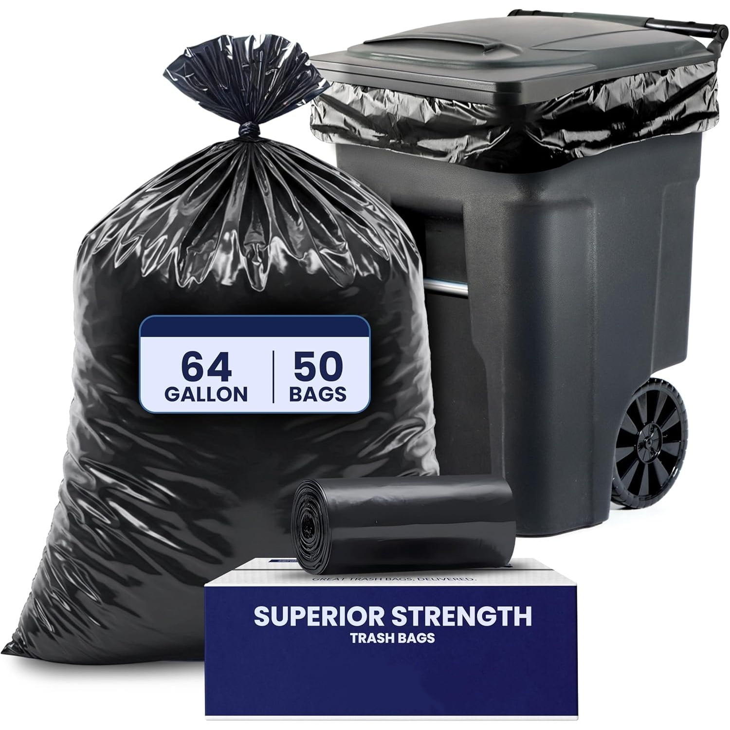 64-65 Gallon Trash Can Liners for Toter │ 2.0 Mil │ Black Heavy Duty Garbage Bags │ Rolls │ 49” x 59” (50 Count)