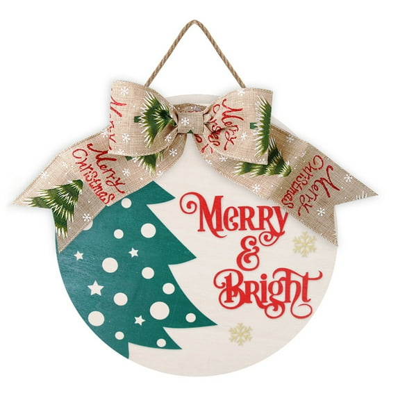 LYU Xmas Hanging Plaque Bowknot Wooden Painted Round Festival Decorative Gift Merry Christmas Letter Door Sign Pendant New Year Decor for Holiday