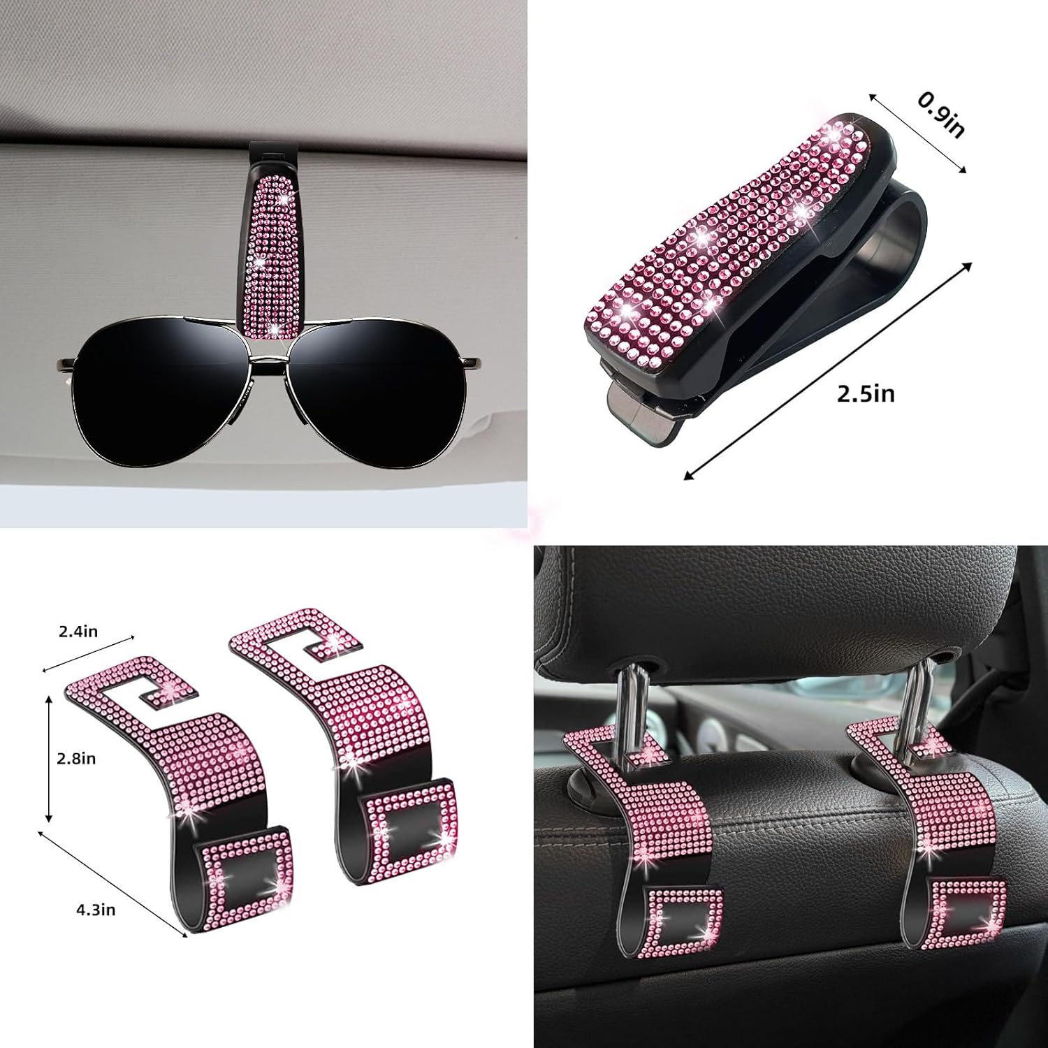 27 Pcs Pink Bling Car Accessories Set for Women, Steering Wheel Cover with Rhinestone Console Cover Seat Belt Cushion Shift Knob Cup Coaster Car Hanging (Pink)