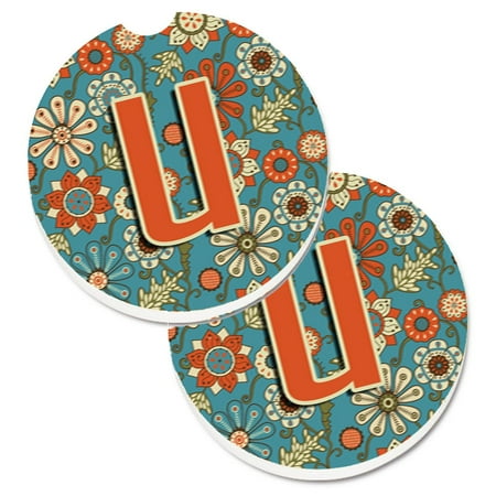 

Carolines Treasures CJ2012-UCARC Letter U Flowers Retro Blue Set of 2 Cup Holder Car Coasters Large multicolor