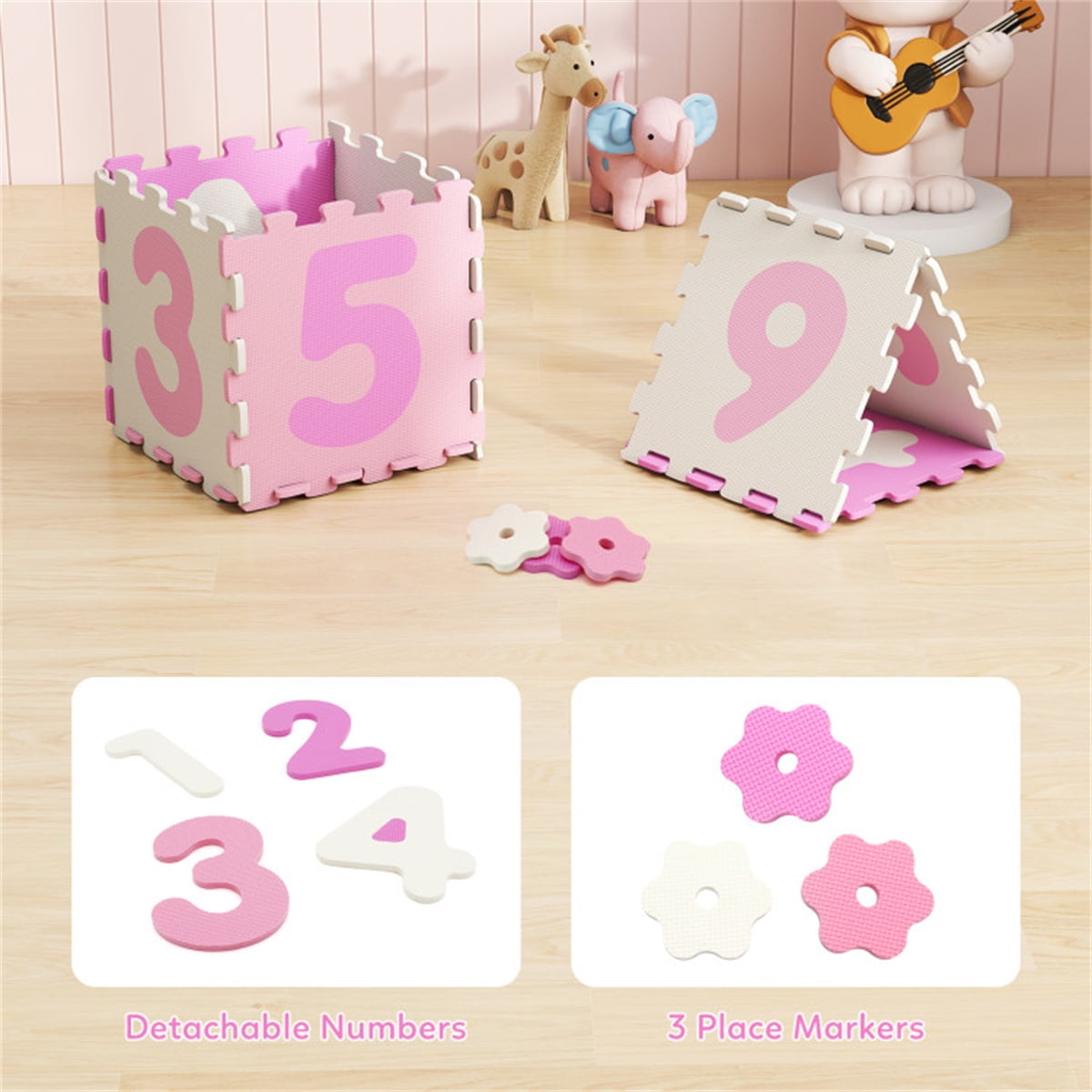 Colorful Kids Hopscotch Foam Mat 9 Interlocking Tiles 3 Marker Discs Non Slip Play Mat For Toddlers 10 Months Plus