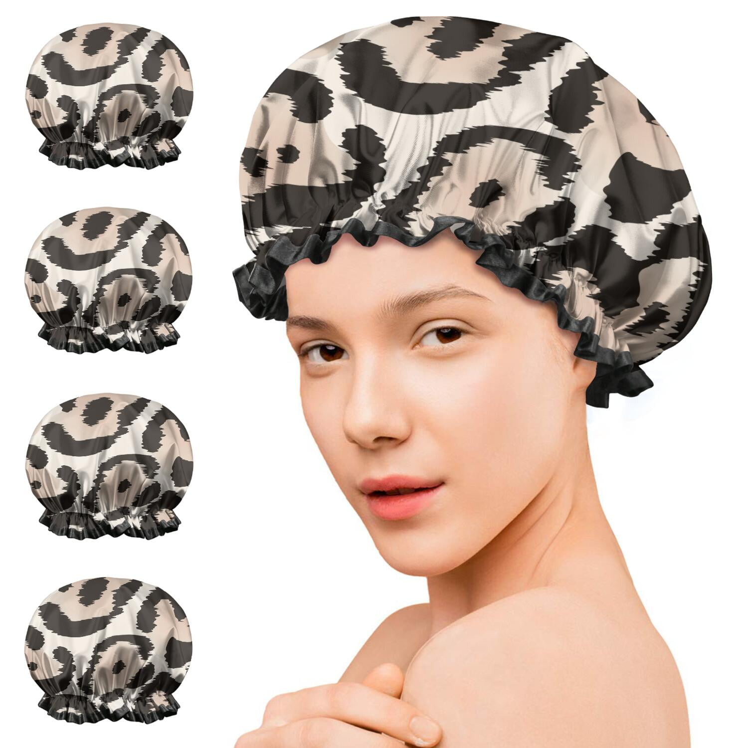 Shower Caps,Beige and Black Leopard Pattern Waterproof Shower Cap for Women 4 Pieces,Double Reusable Hair Cover for Shower PEVA Elastic Stretch Hem