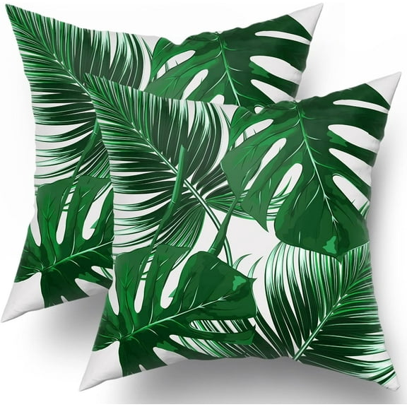 Tropical Leaves Pillow Covers 18x18 Set of 2 Monstera Palm Leaf Plant Print Green Colored Outdoor Throw Pillows Summer Hawaiian Style Decorative Square Cotton Cushion Case for Home Sofa Couch Bed