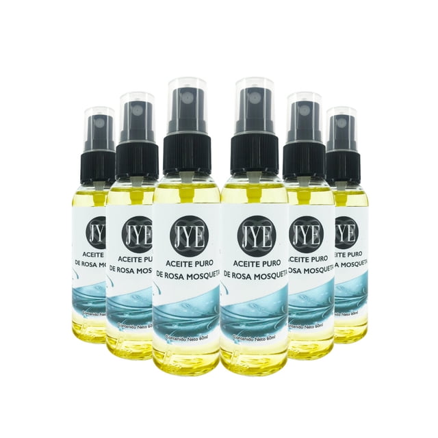 aceite de rosa mosqueta jye 6 botellas natural 60 ml Seis frascos verticales con atomizador en fila, líquido amarillo claro visible; etiquetas blancas con logo JYE y texto "ACEITE PURO DE ROSA MOSQUETA" y detalle azul, cada envase de 60 ml; uso frecuente como humectante facial y corporal recomendado para rutina diaria.