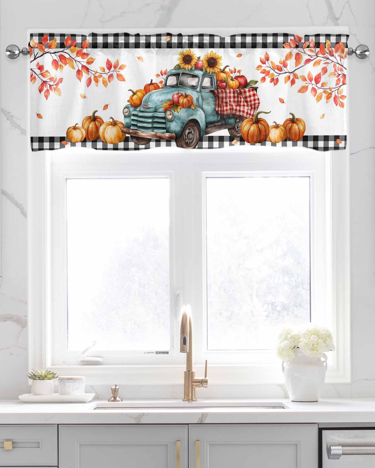 Fall Thanksgiving Kitchen Valances for Windows Farmhouse Linen Window Valance Curtain for Living Room Window Treatment Pumpkins Old Truck Branch Rustic Valance Rod Pocket Topper Drape, 42 x 18 Inch