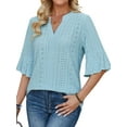 thumbnail image 4 of Hibeli Women V Neck Quarter Sleeve Hollow Out Solid Color Pullover Top, 4 of 7