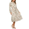 thumbnail image 2 of Vestido de mujer Inspire Chic con cuello simulado, flores, volantes, mangas largas, fluido, de gasa, corte A, midi, blanco, talla S, 2 of 6