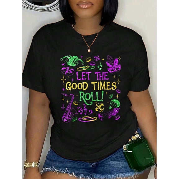 100% Cotton Let the Good Time Roll Mardi Gras Carnival Men Women T-Shirt Print Round Neck Cotton T-Shirt, Summer Women's Tops, gift