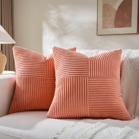 Fancy Homi 2 packs Coral Decorative Throw Pillow Covers 18x18 inch for Living Room Couch Bed, Rustic Farmhouse Boho Home Decor, Soft Corss Corduroy Patchwork Textured Peach Cushion Case 45x45 cm