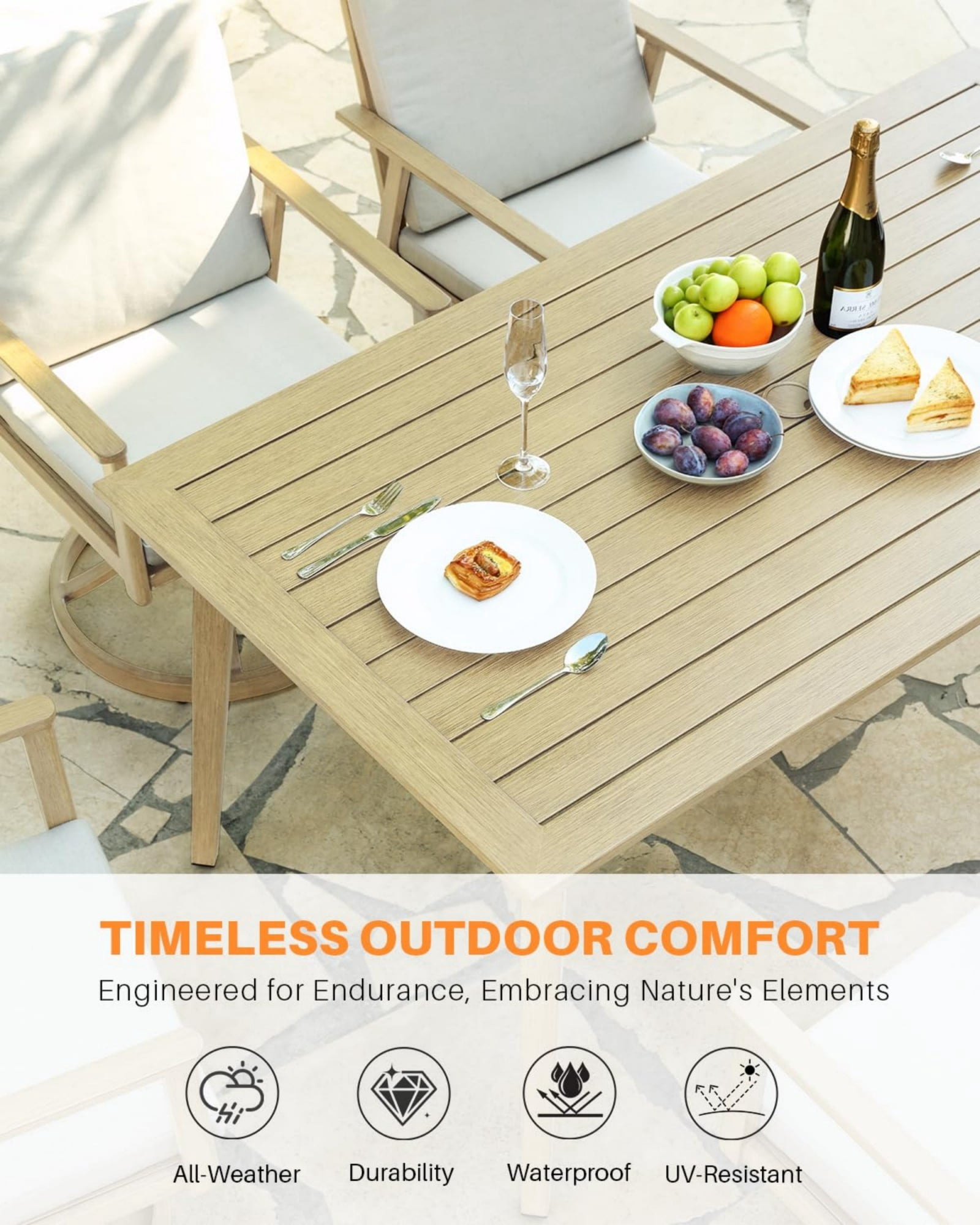 Outdoor Patio Dining Table for 8, Aluminum Outdoor Dining Table with Umbrella Hole, All Weather Patio Table for Garden, Deck, Porch, Lawn, Backyard Furniture, Natural