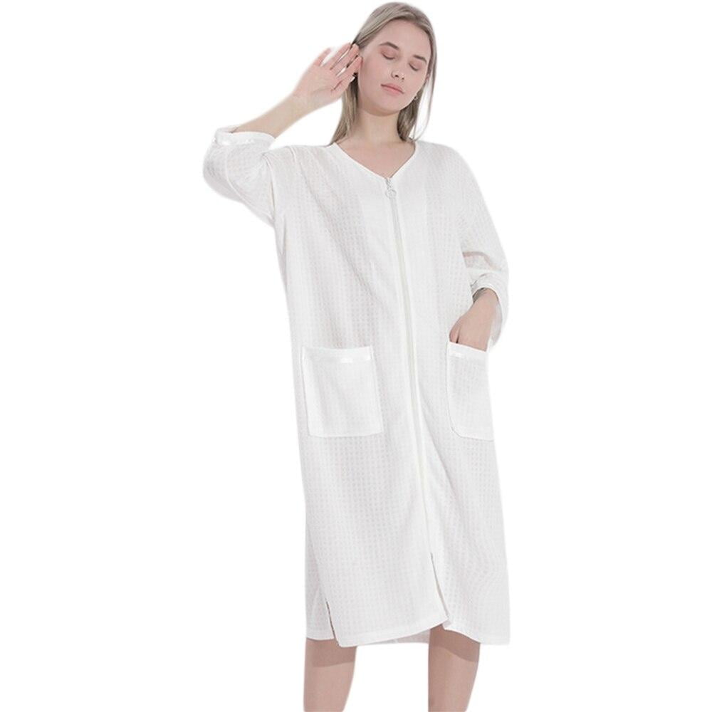 Unisex Kimono Robes Summer Dressing Gown Cotton Bathrobe Nightdress Long Sleeve Loose Sleepwear Pajamas Comfy V-Neck Nightgown Home Wear with Pocket for Men Women 