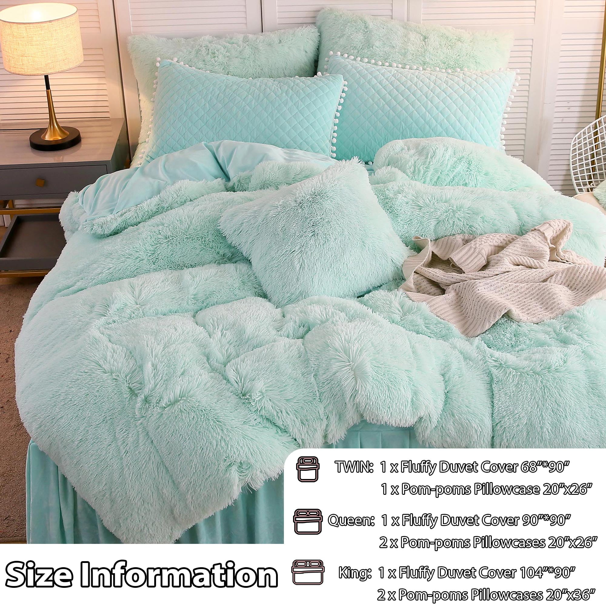 LIFEREVO 2 Pieces Luxury Plush Shaggy Faux Fur Duvet Cover Set(1 Fluffy Fuzzy Comforter Cover + 1 Pompoms Fringe Quilted Pillow Shams), Zipper Closure, Twin Size, Aqua