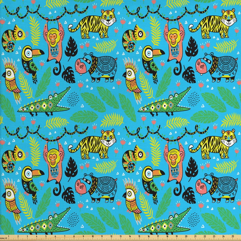 Animal Fabric by The Yard, Colorful Pattern of Various Jungle Animals